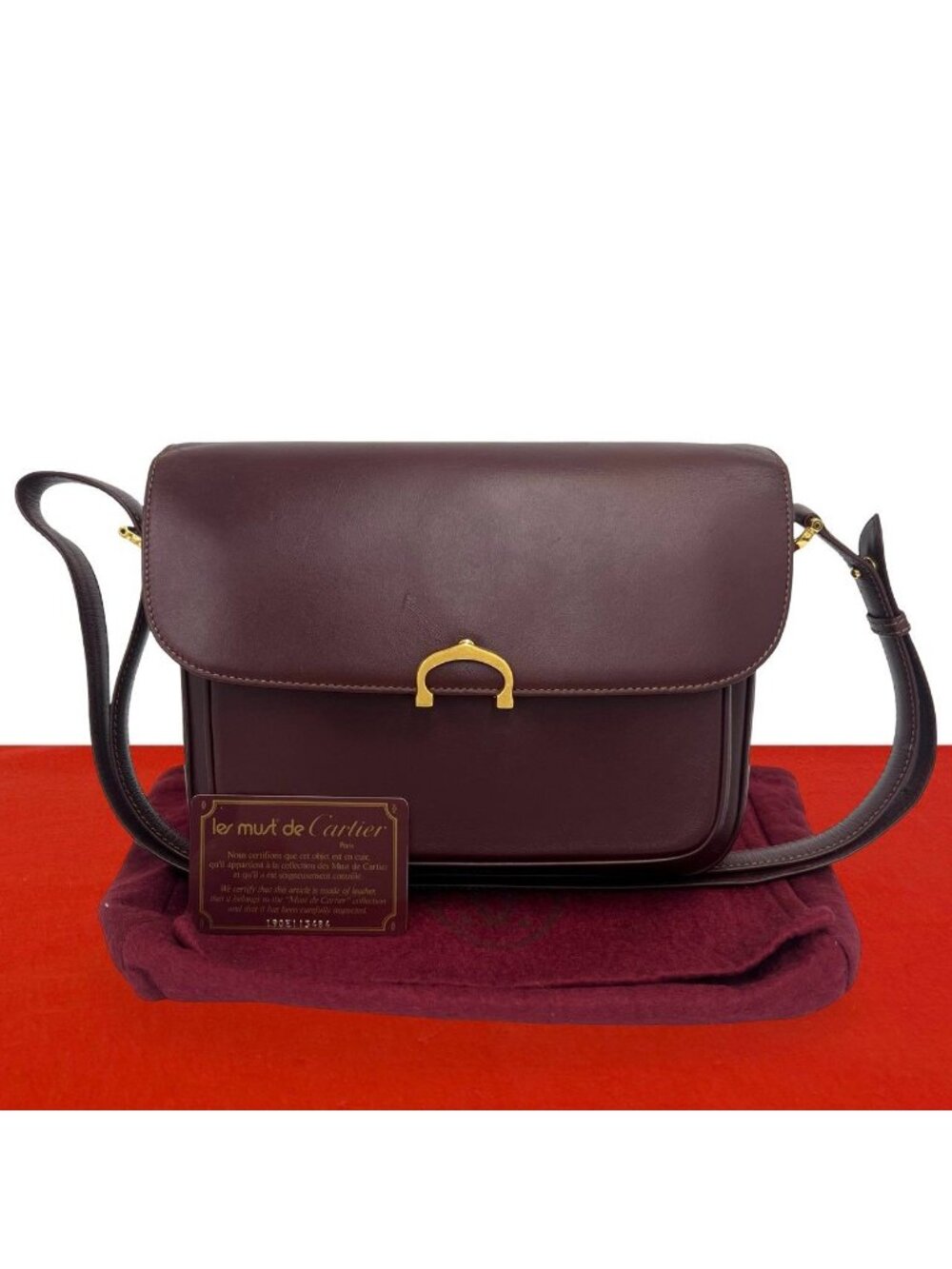 Cartier Vintage Must Line Leather Shoulder Bag Pochette Wine Red Bordeaux